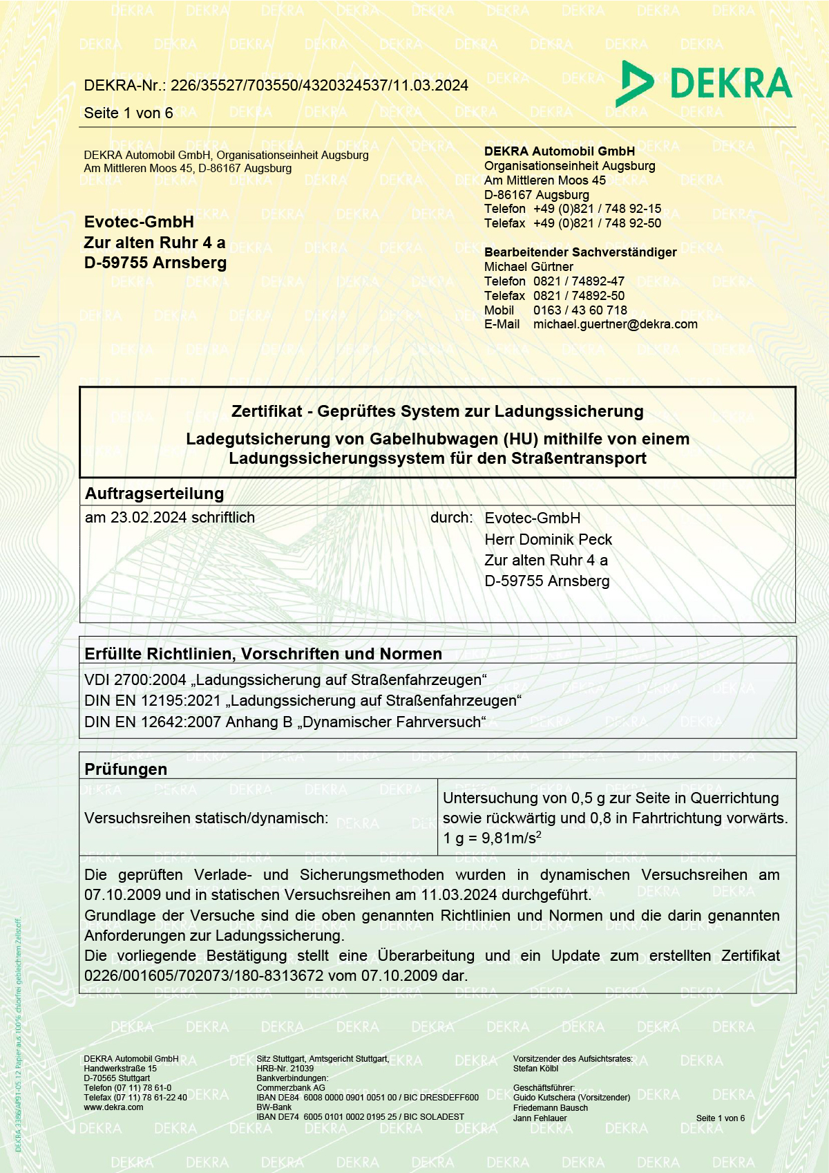 DEKRA-Zertifikat für die Hubwagen-Sicherung